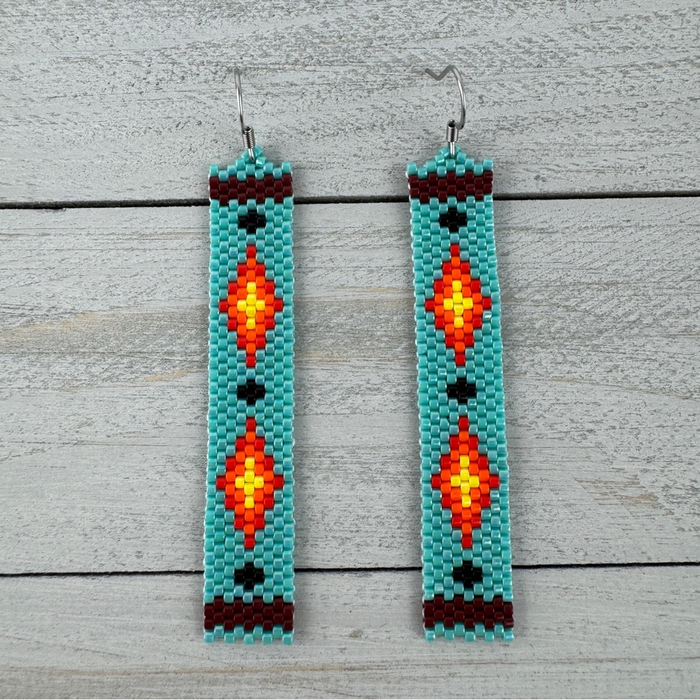 Handmade Turquoise Earrings Native American Style Tribal Diamond Pattern Artisan